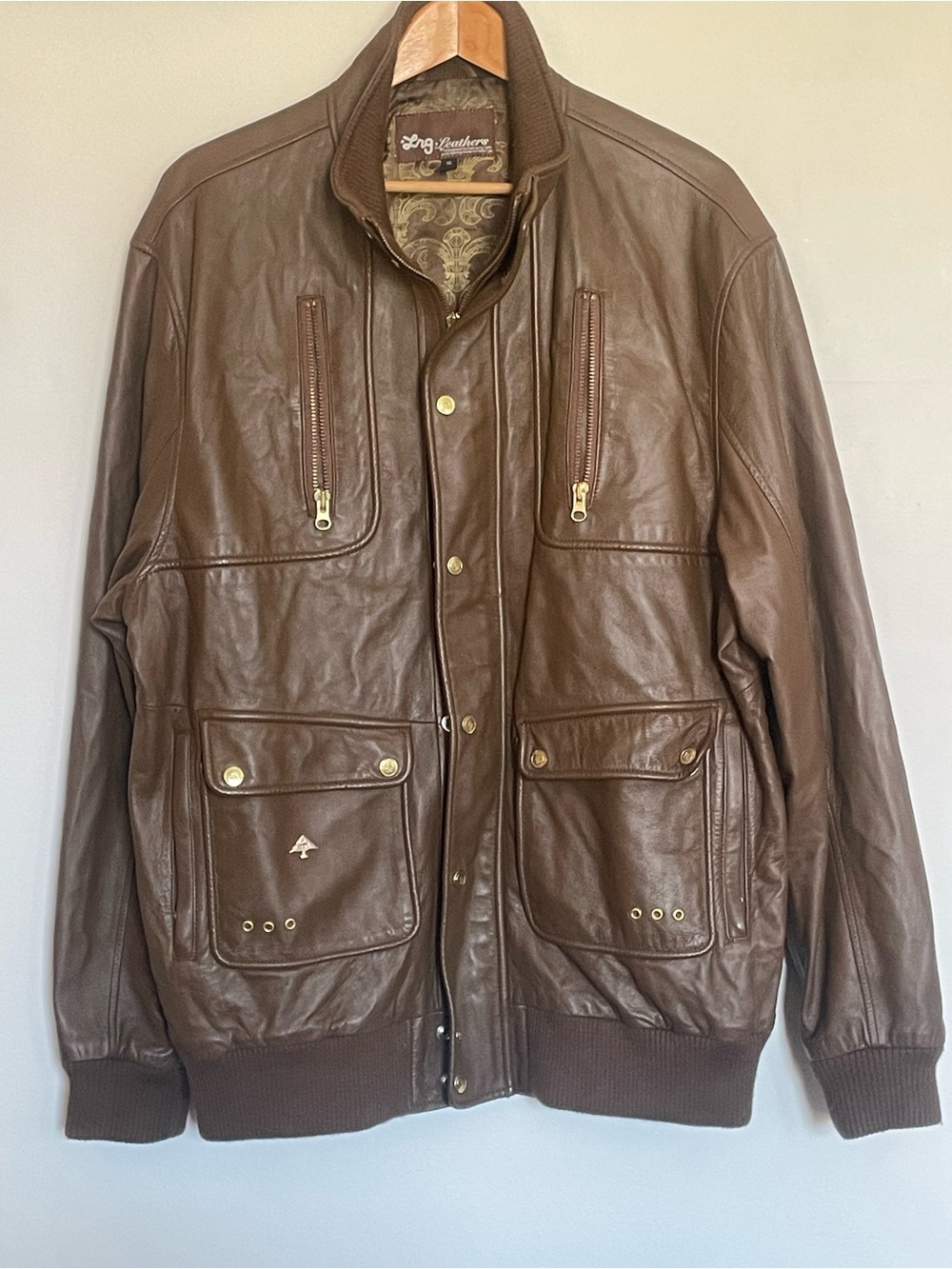 LRG Brown Leather Bomber Jacket with Zip Pockets